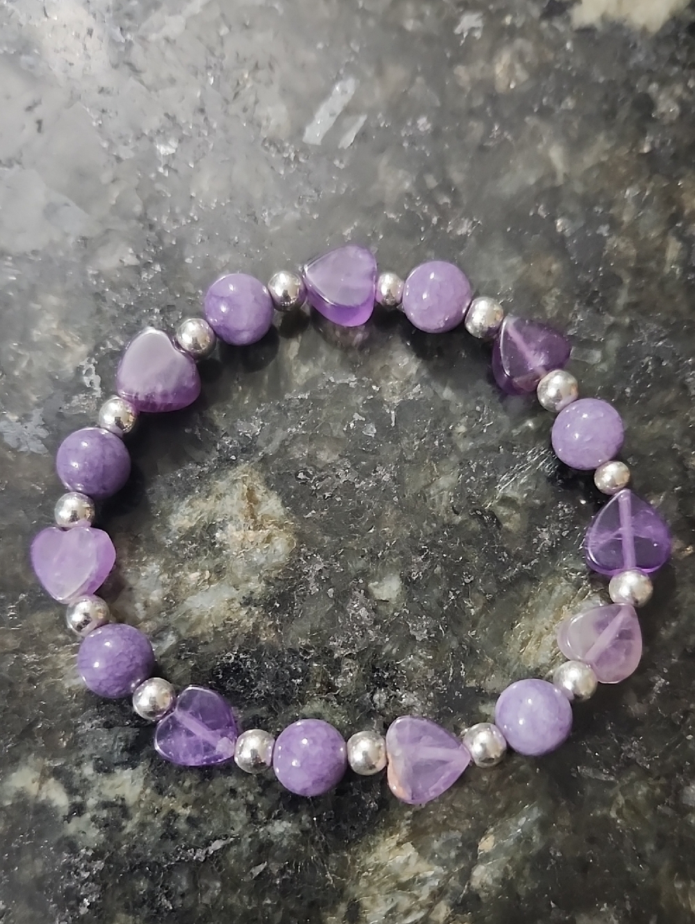 Handmade Amethyst Heart & Bead Stretch Bracelet